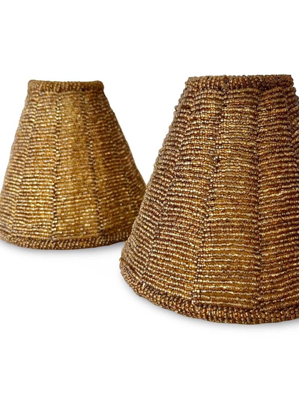 Handcrafted Vintage Amber Glass Beaded Lamp Shades - Metallic Antique Gold Pair